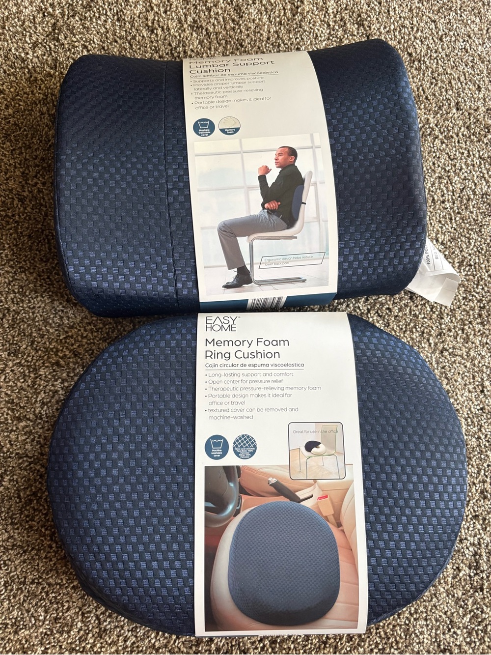 Easy Home Navy Memory Foam Lumbar and Ring Cushion Set